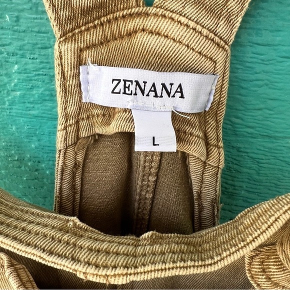 ZENANA WASHED TAN MUSTARD DENIM OVERALLS SIZE LARGE NWT - Picture 6 of 11
